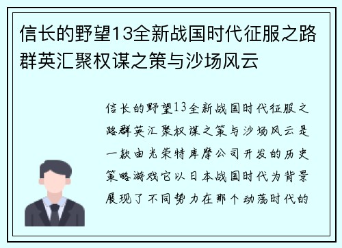信长的野望13全新战国时代征服之路群英汇聚权谋之策与沙场风云